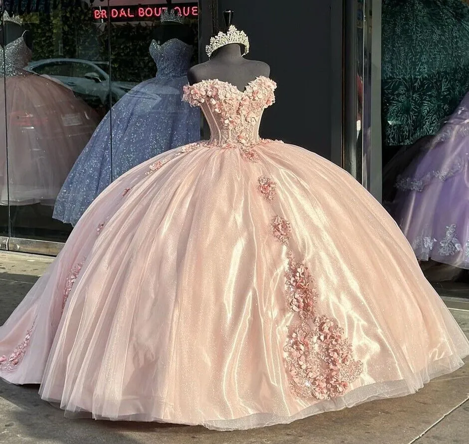 Glitter Pink Off-Shoulder Quinceanera Dresses 3D Flowers Appliques Vestidos De 15 Anos Birthday Party Prom Princess - Image 3