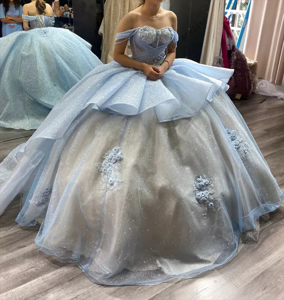 Glittering Blue 3D Flower Quinceanera Dresses Beading Floral Lace Crossed Tulle Vestidos De 15 Anos Birthday Party - Image 3