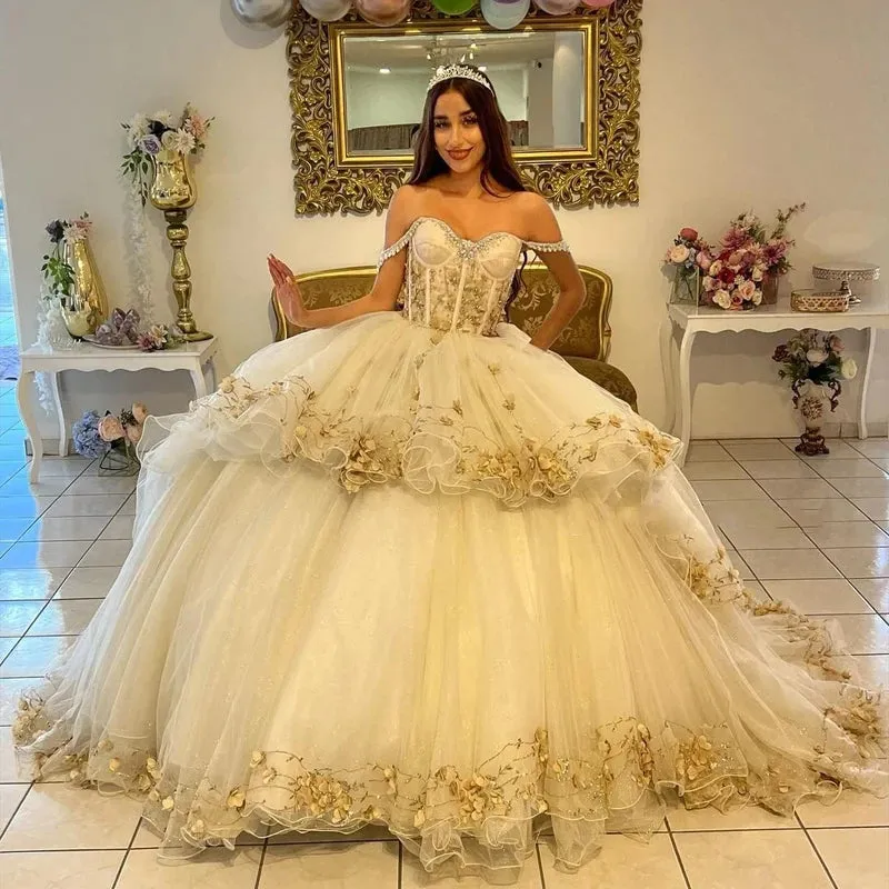 Glittering Champagne Pearls Off-Shoulder Quinceanera Dresses Vestidos De 15 Anos 3D Flowers Formal Princess Birthday - Image 3