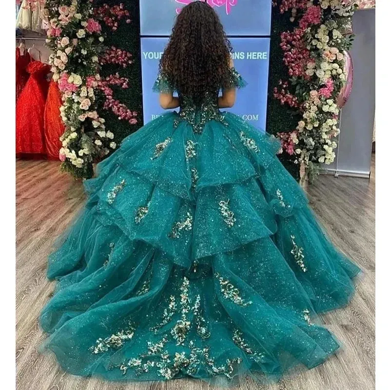 Glittering Emerald Green Quinceanera Dresses Beading Lace Appliques Vestidos De 15 Anos Formal Birthday Party Prom - Image 2