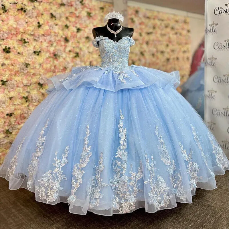 Glittering Blue Quinceanera Dress Ruffles Off The Shoulder Sweetheart Robes De Soirée Vestidos De 15 Anos - Image 3