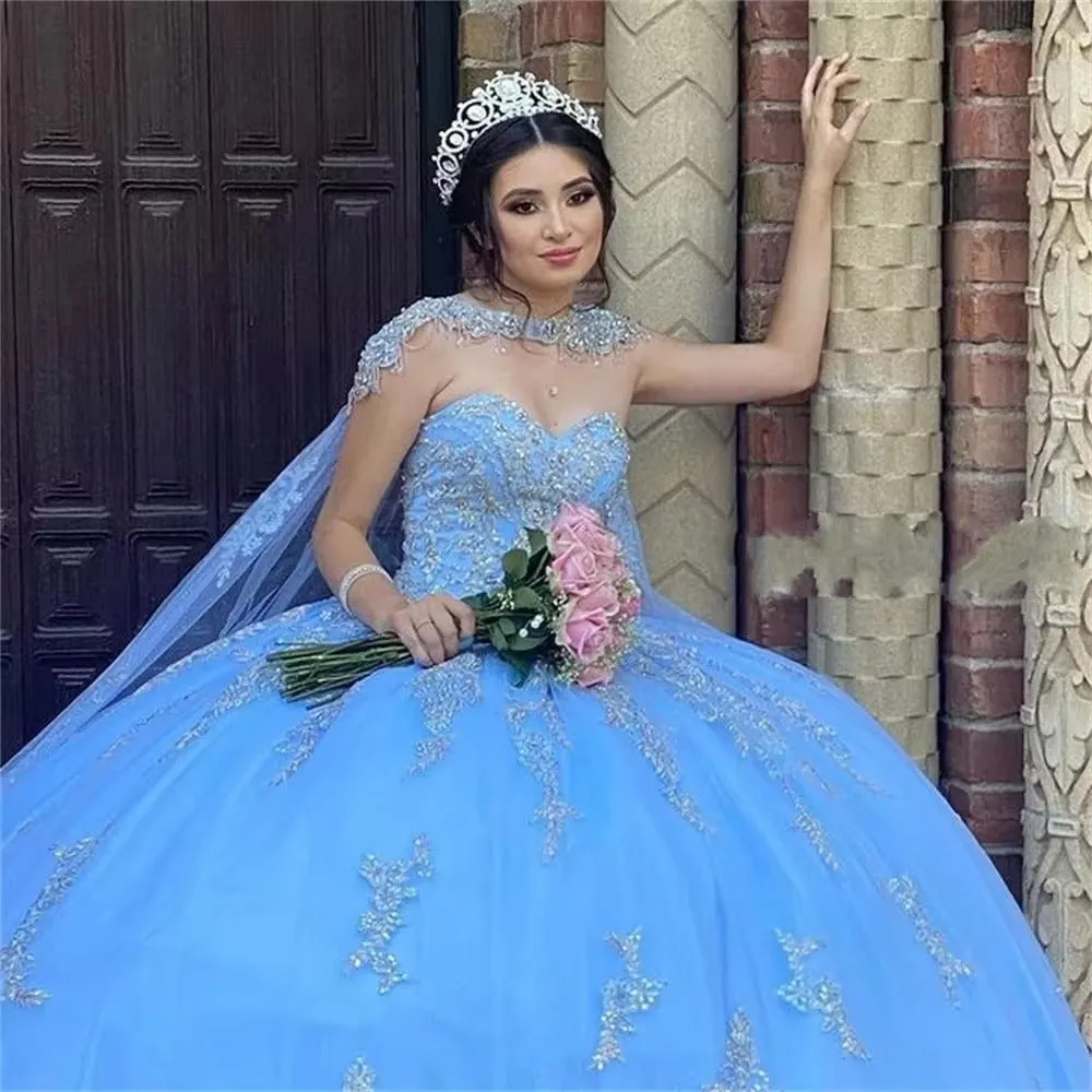 Glittering Blue Sweetheart Quinceanera Dresses with Cape Beading Lace Birthday Party Gown Vestidos De 15 Anos - Image 2