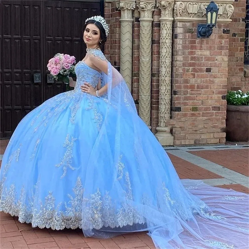 Glittering Blue Sweetheart Quinceanera Dresses with Cape Beading Lace Birthday Party Gown Vestidos De 15 Anos - Image 3