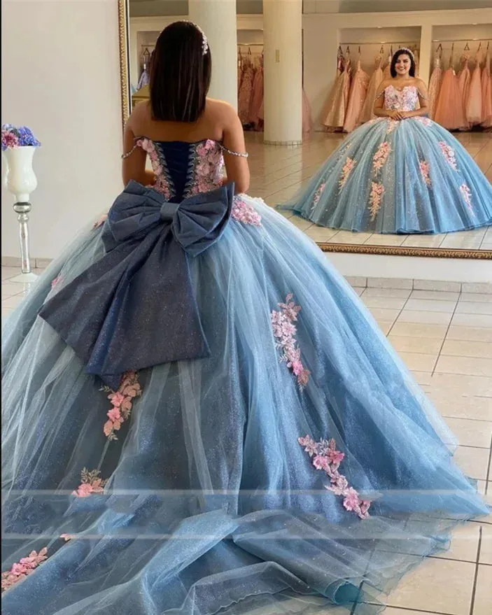 Glittering Luxury Quinceanera Dresses with Bow 3D flowers Off Shoulder Vestidos De 15 Anos Birthday Party Prom Gown - Image 3