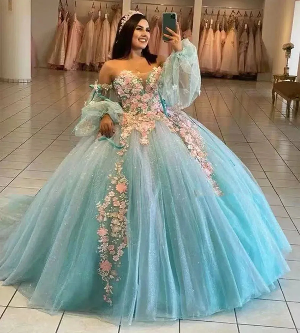 Glittering Quinceanera Dresses With Bow 3D Flower Lace Sleeves Vestidos De 15 Anos Formal Princess Birthday Party - Image 3