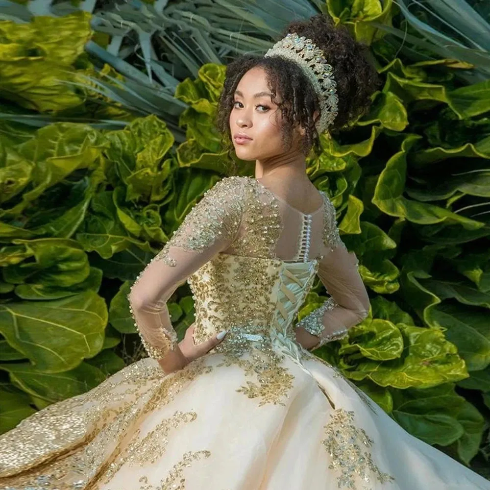 Gold Appliques Quinceanera Dresses Vestidos De 15 Anos Ball Gown Formal Birthday Party Prom Gown Corset Back Train - Image 3