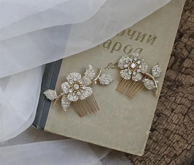 Gold Color Flower Hair Clip Comb Crystal Rhinestones Head Piece Hairpin For Brides Women Bridal Jewelry Wedding Accessories - Image 2