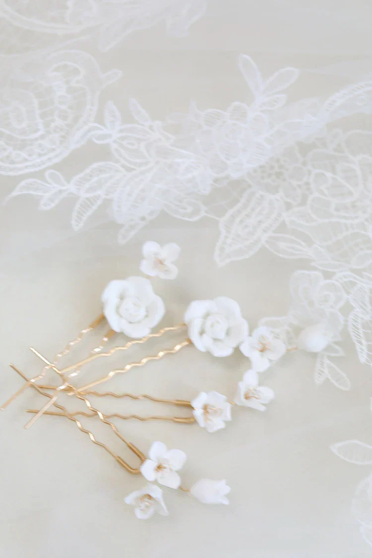 Gold Color Hair Clip Pins Porcelain Rose Flower Hairpins For Brides Bridesmaids Headpieces Bridal Jewelry Wedding Accessories - Image 3