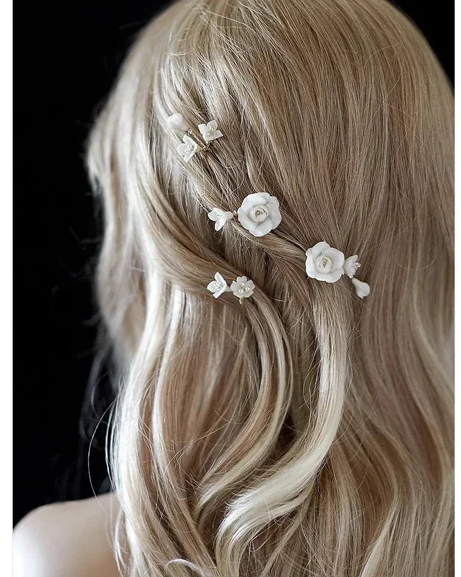 Gold Color Hair Clip Pins Porcelain Rose Flower Hairpins For Brides Bridesmaids Headpieces Bridal Jewelry Wedding Accessories - Image 4