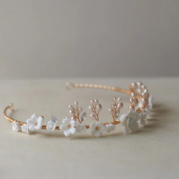 Gold Color Headband Freshwater Pearl Headpiece For Brides Porcelain Flower Hairband Wedding Accessories Bridal Hair Jewelry - Image 3