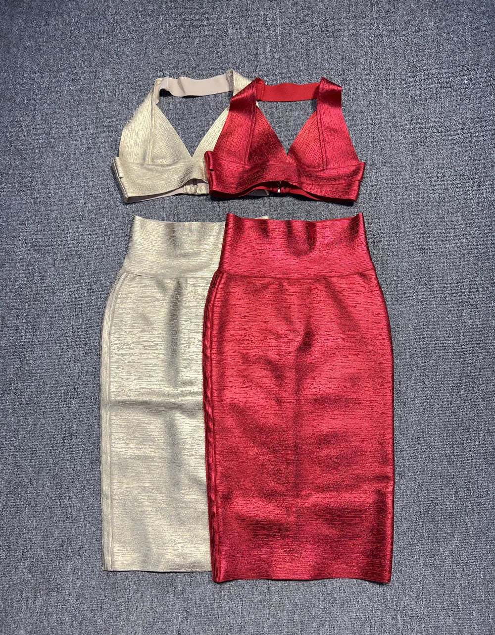 Gold Red Foil Color Women Sexy Halter V-Neck Bodycon Tops Bandage Pencil Skirts Set Nightclub Party Celebrate Women's Set - Image 4