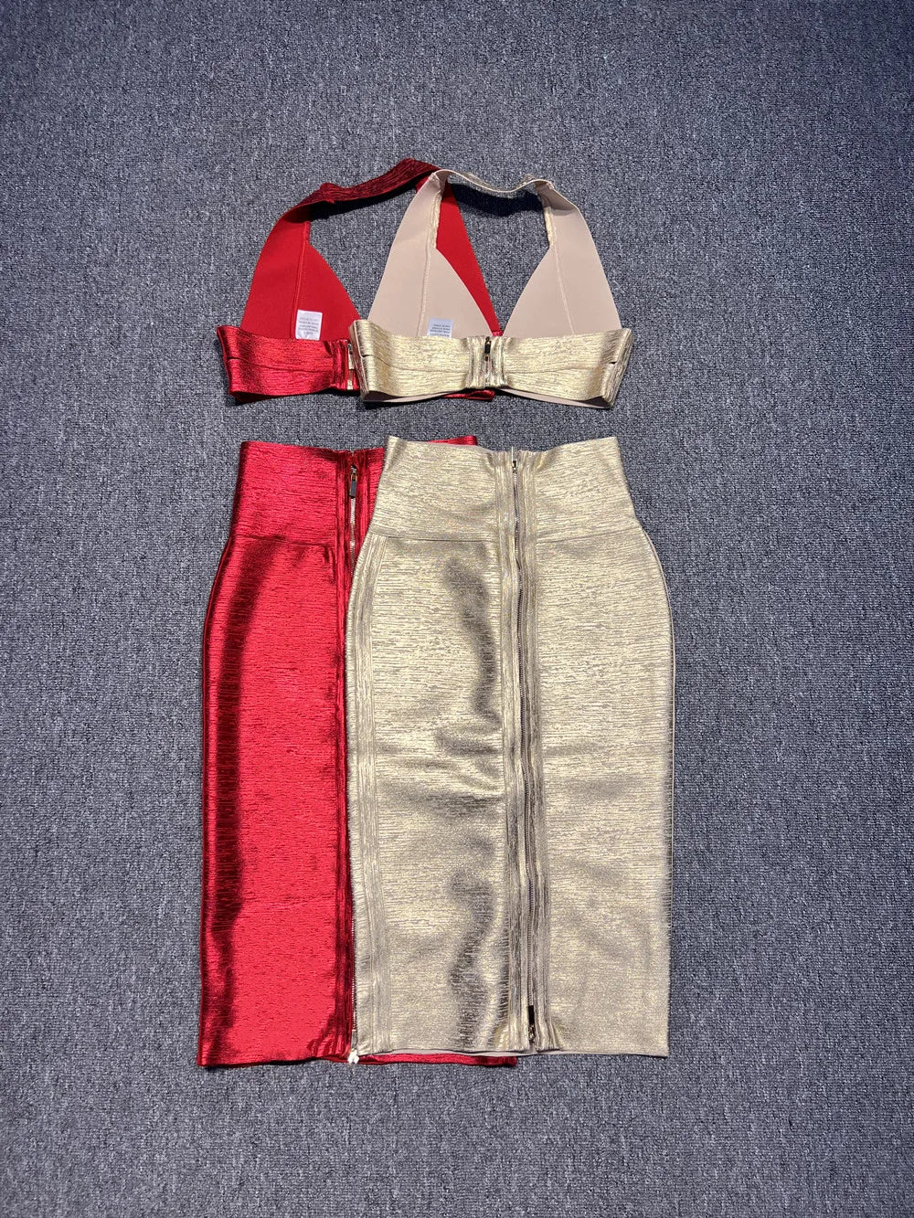 Gold Red Foil Color Women Sexy Halter V-Neck Bodycon Tops Bandage Pencil Skirts Set Nightclub Party Celebrate Women's Set - Image 5