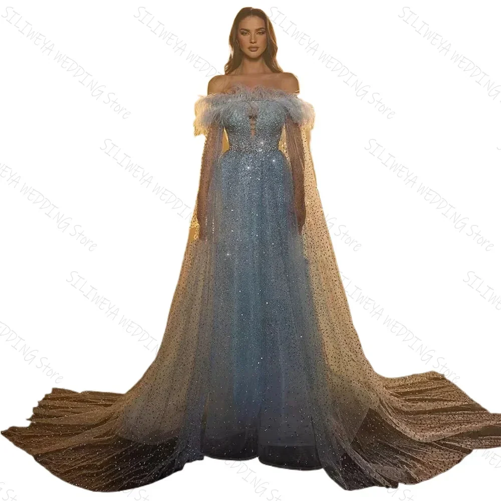 Gorgeous Blue Evening dress Off the Shoulder Sequined Feather A-line Floor-length Formal Party Prom Gown - Image 2