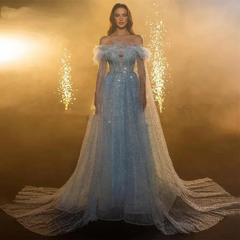 Gorgeous Blue Evening dress Off the Shoulder Sequined Feather A-line Floor-length Formal Party Prom Gown - Image 7