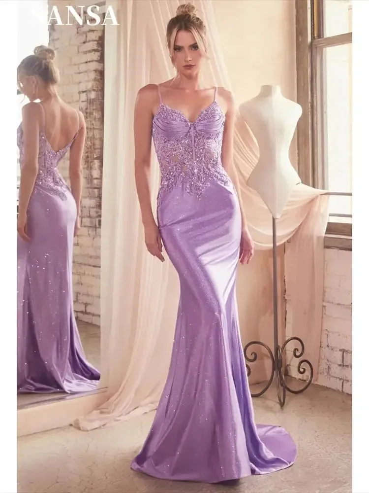 Gorgeous Spaghetti Strap Mermaid Prom Dress 3D Lace On Chest Vestidos De Noche Shiny Lavender Fishtail Party Dresses - Image 6