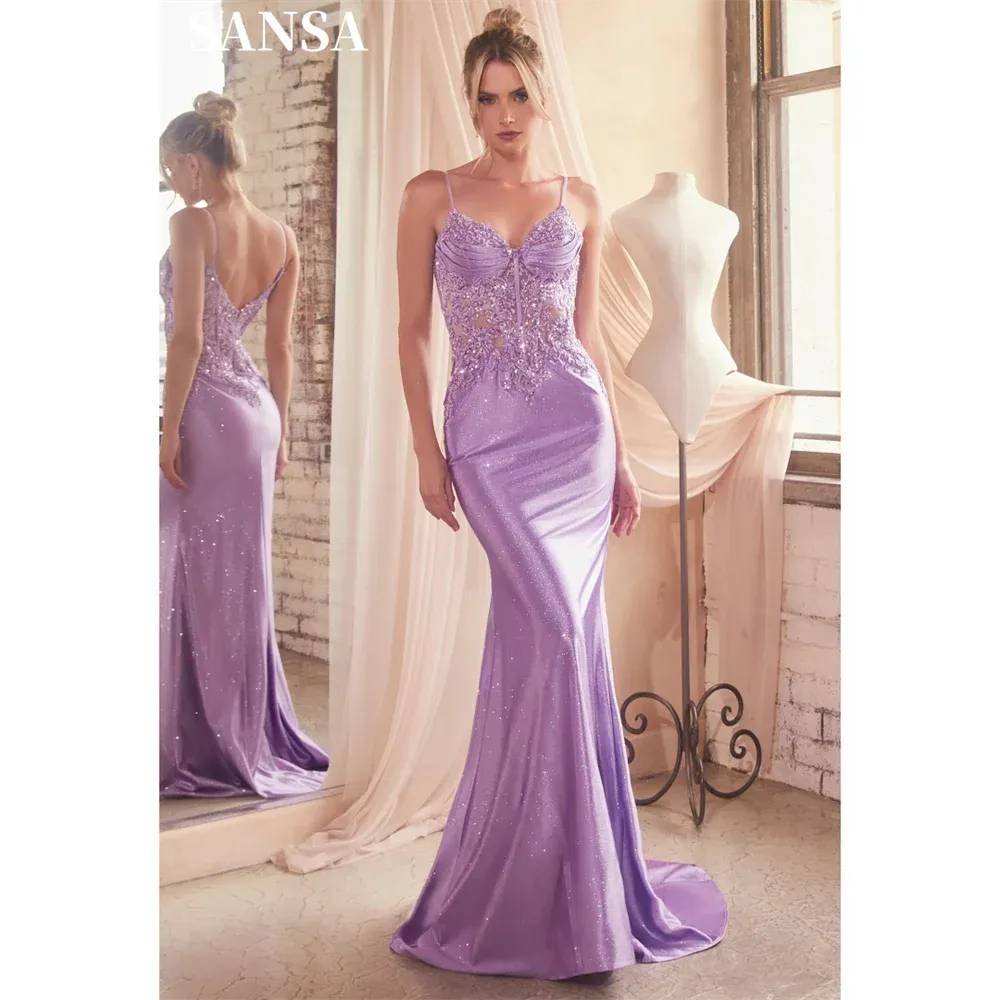 Gorgeous Spaghetti Strap Mermaid Prom Dress 3D Lace On Chest Vestidos De Noche Shiny Lavender Fishtail Party Dresses - Image 9