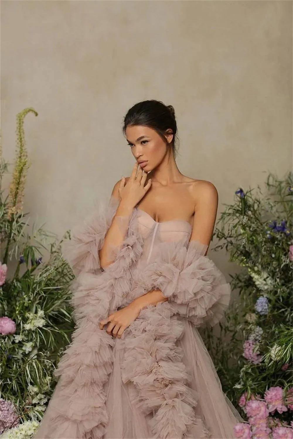 Gorgeous Strapless فساتين السهرة Glaring Multilayer Sweep Tail Vestidos De Noche With Cape Brown Roll Hem Prom Dress - Image 3