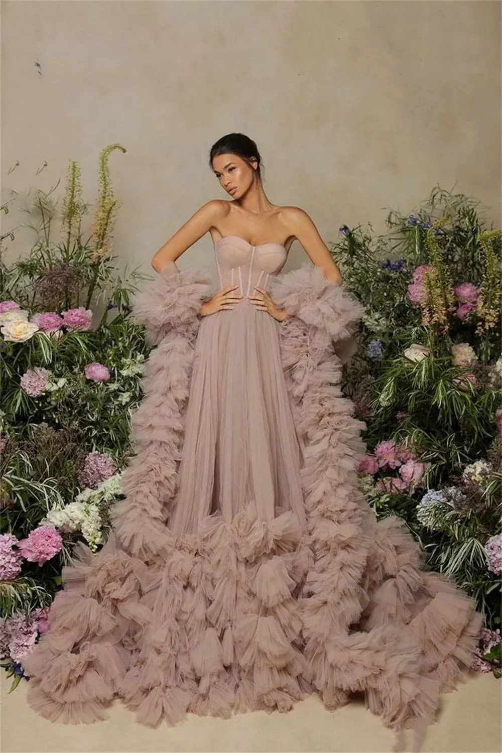 Gorgeous Strapless فساتين السهرة Glaring Multilayer Sweep Tail Vestidos De Noche With Cape Brown Roll Hem Prom Dress - Image 4