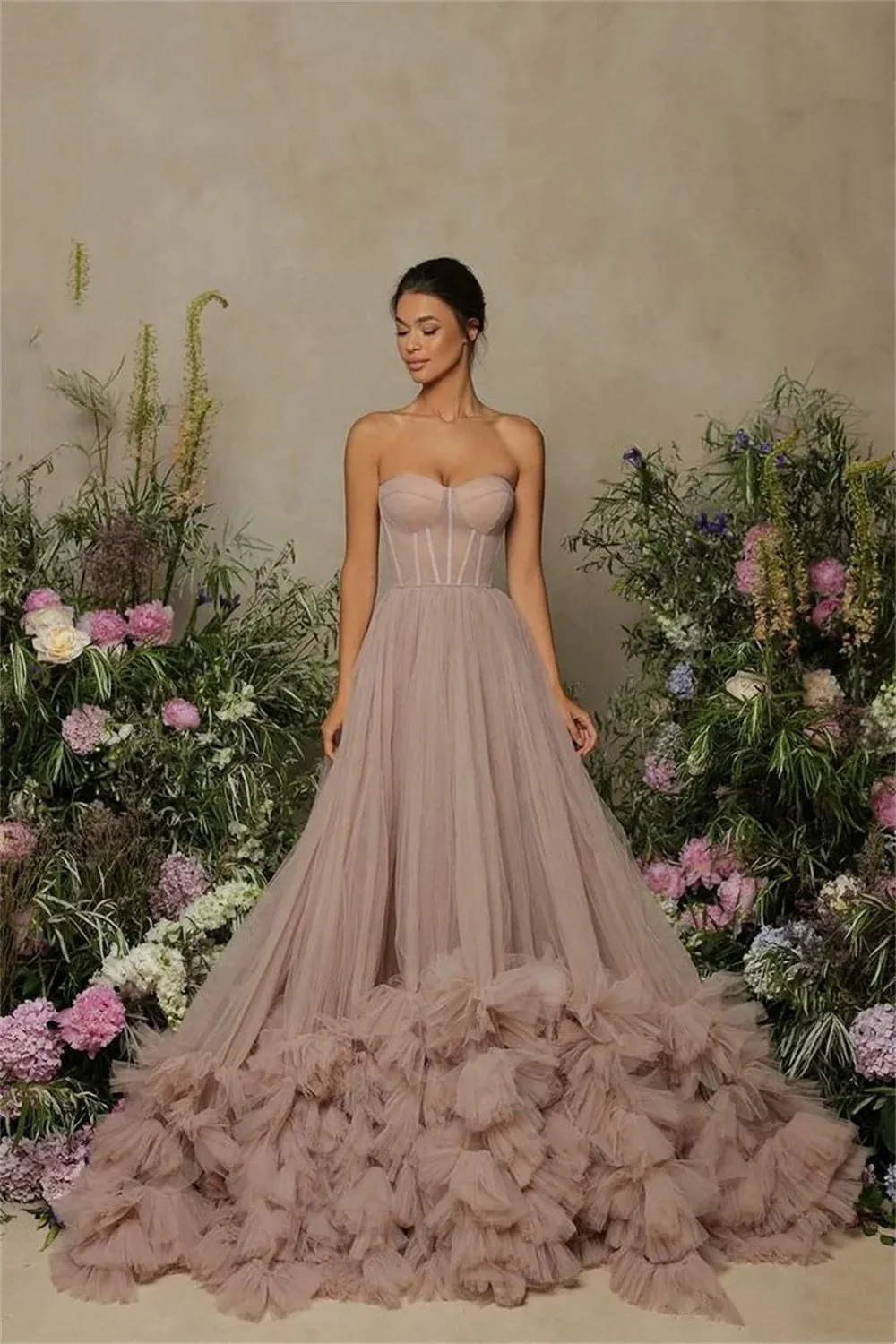 Gorgeous Strapless فساتين السهرة Glaring Multilayer Sweep Tail Vestidos De Noche With Cape Brown Roll Hem Prom Dress - Image 5