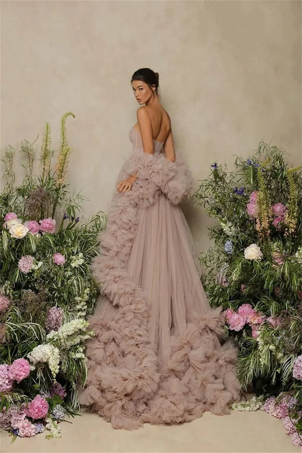 Gorgeous Strapless فساتين السهرة Glaring Multilayer Sweep Tail Vestidos De Noche With Cape Brown Roll Hem Prom Dress - Image 6
