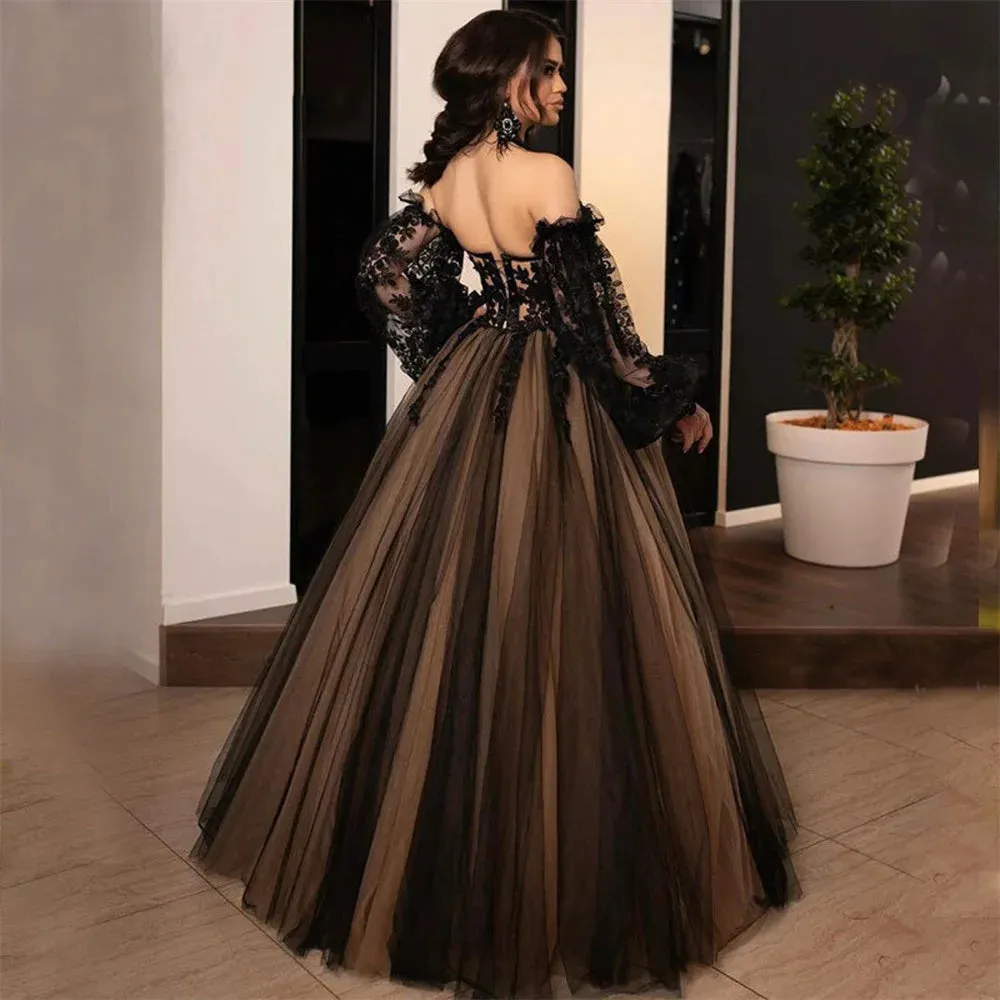 Gothic A-line Evening Dresses Black Lace Embroidery Prom Dress Off Shoulder Puffy Party Dresses Robe De Soirée - Image 4