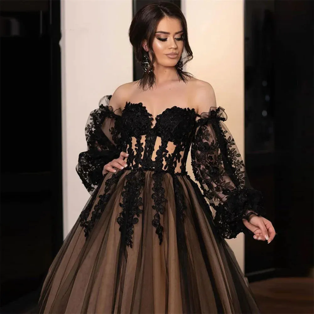Gothic A-line Evening Dresses Black Lace Embroidery Prom Dress Off Shoulder Puffy Party Dresses Robe De Soirée - Image 6