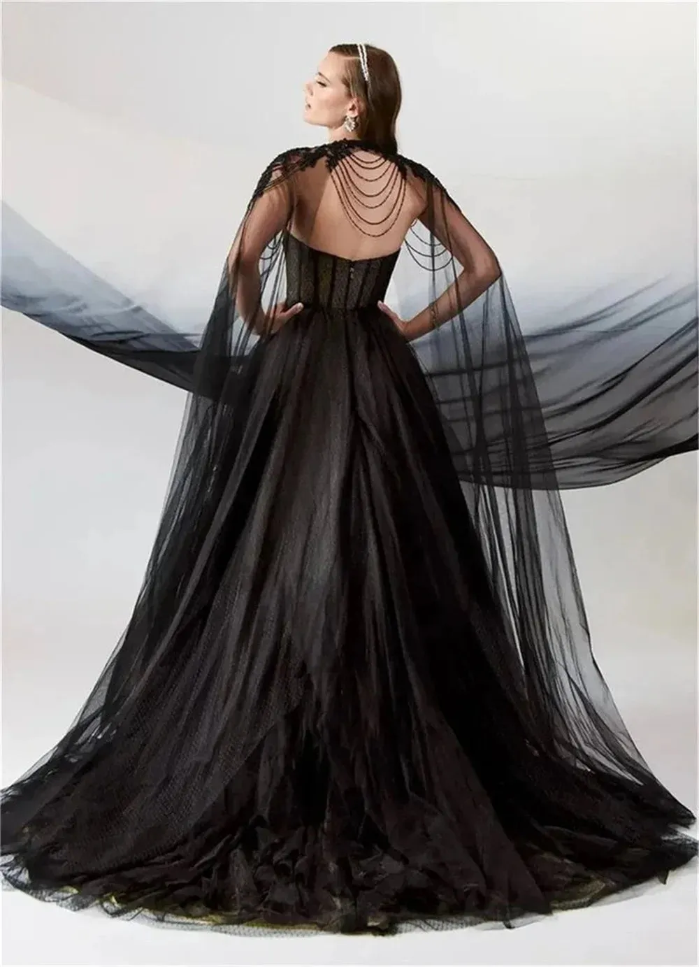 Gothic Black A-line Prom Dresses Spaghetti Straps Tulle Evening Dress Elegant Detachable Shawl vestidos de fiesta - Image 4