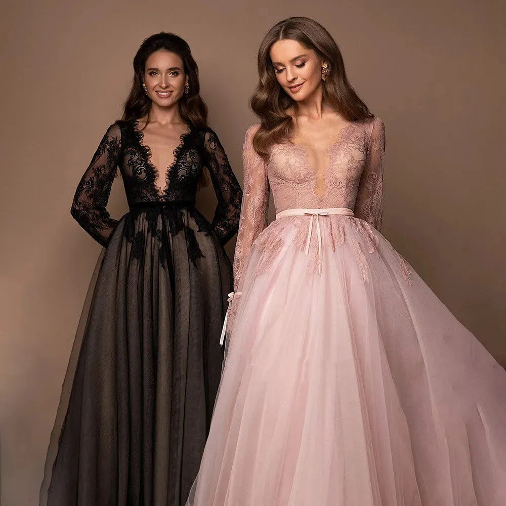 Gothic Black Long Sleeve Prom Dress Sexy Lace A-line Party Dress Shiny Ball Gown Evening Dress V-neck Christmas Dress - Image 3