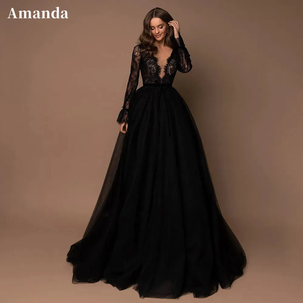 Gothic Black Long Sleeve Prom Dress Sexy Lace A-line Party Dress Shiny Ball Gown Evening Dress V-neck Christmas Dress - Image 4