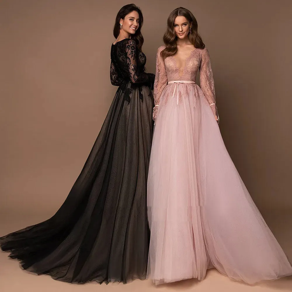 Gothic Black Long Sleeve Prom Dress Sexy Lace A-line Party Dress Shiny Ball Gown Evening Dress V-neck Christmas Dress - Image 5