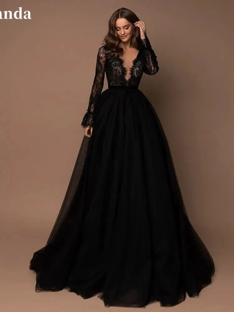 Gothic Black Long Sleeve Prom Dress Sexy Lace A-line Party Dress Shiny Ball Gown Evening Dress V-neck Christmas Dress - Image 8