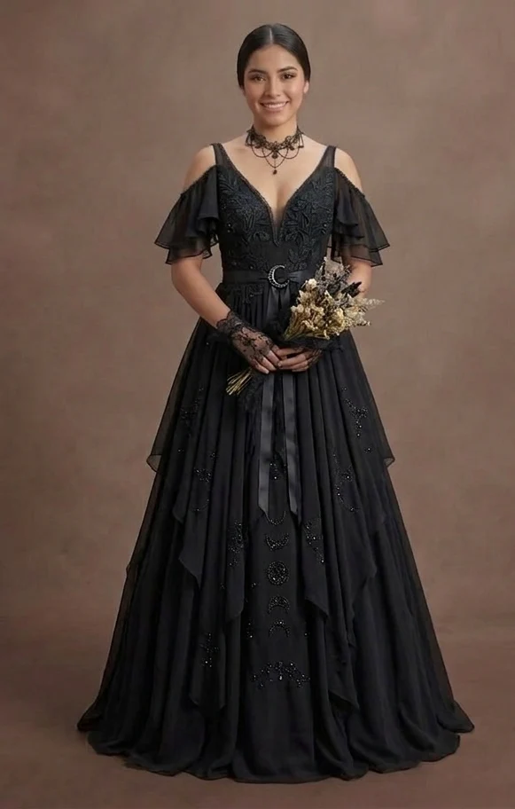 Gothic Prom Dress Black Chiffon Boho Dark Prom - Image 2