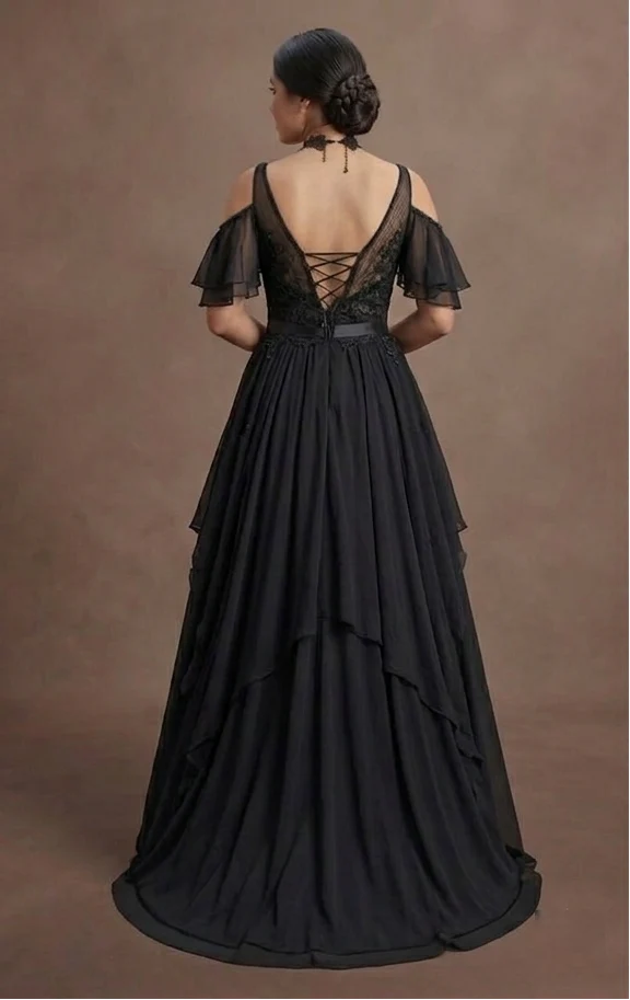 Gothic Prom Dress Black Chiffon Boho Dark Prom - Image 3