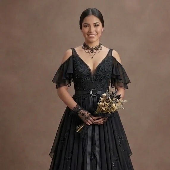 Gothic Prom Dress Black Chiffon Boho Dark Prom - Image 4