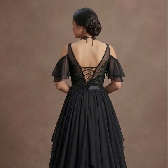 Gothic Prom Dress Black Chiffon Boho Dark Prom - Image 5