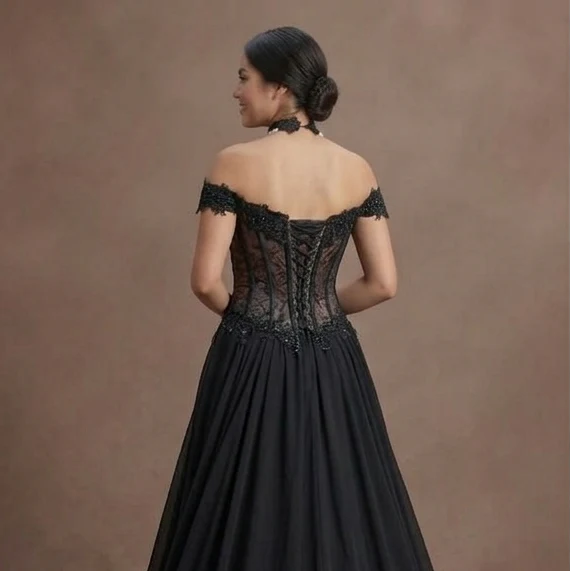Gothic Prom Dress Black Chiffon Flowing Evening Prom - Image 5