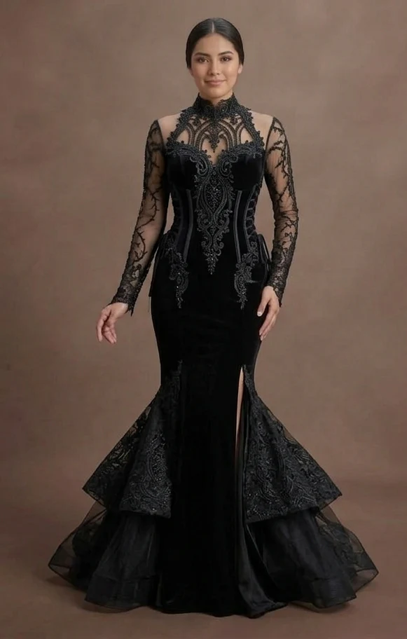 Gothic Prom Dress Black Lace Appliqué Romantic Gothic Prom - Image 2
