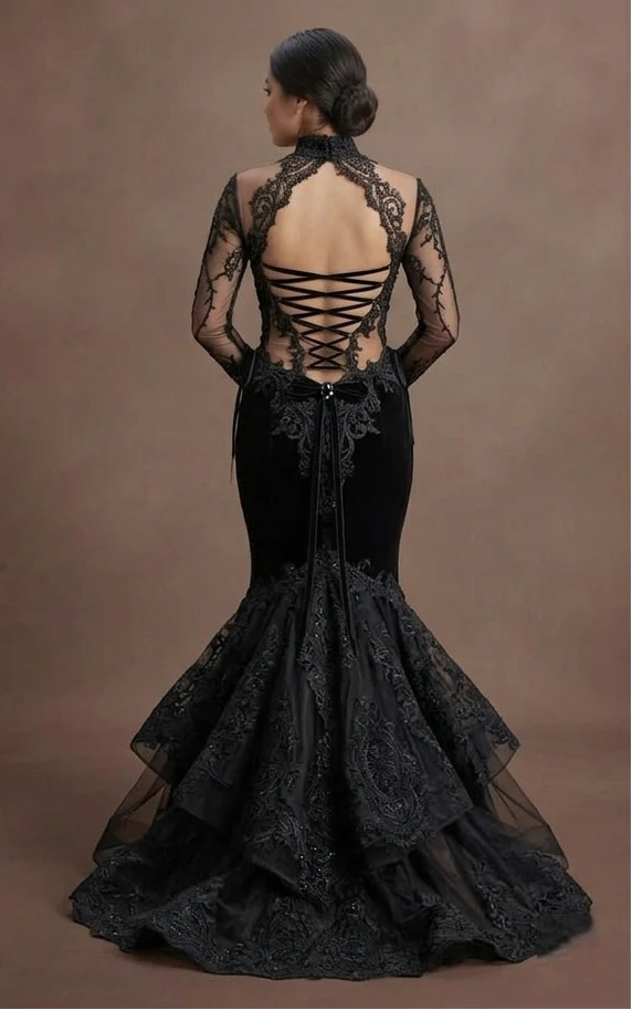 Gothic Prom Dress Black Lace Appliqué Romantic Gothic Prom - Image 3