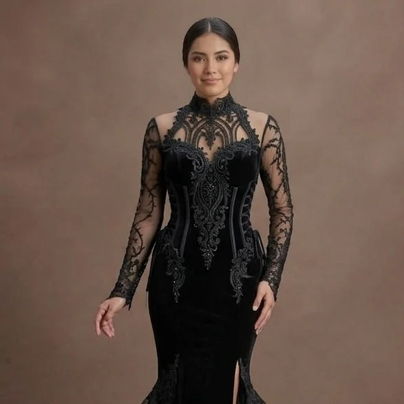 Gothic Prom Dress Black Lace Appliqué Romantic Gothic Prom - Image 4