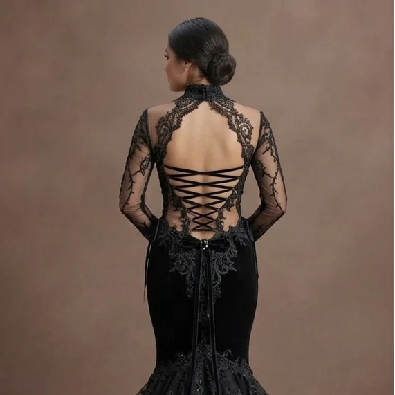 Gothic Prom Dress Black Lace Appliqué Romantic Gothic Prom - Image 5