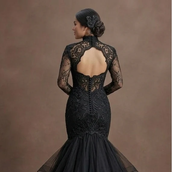 Gothic Prom Dress Black Lace Mermaid Dark Elegance Prom - Image 5