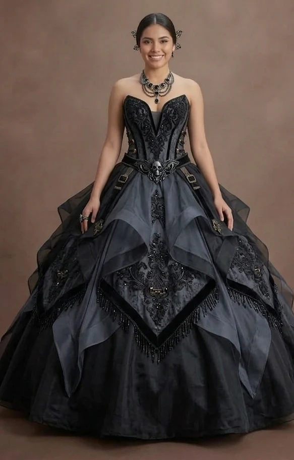 Gothic Prom Dress Black Organza Strapless Formal Prom - Image 2