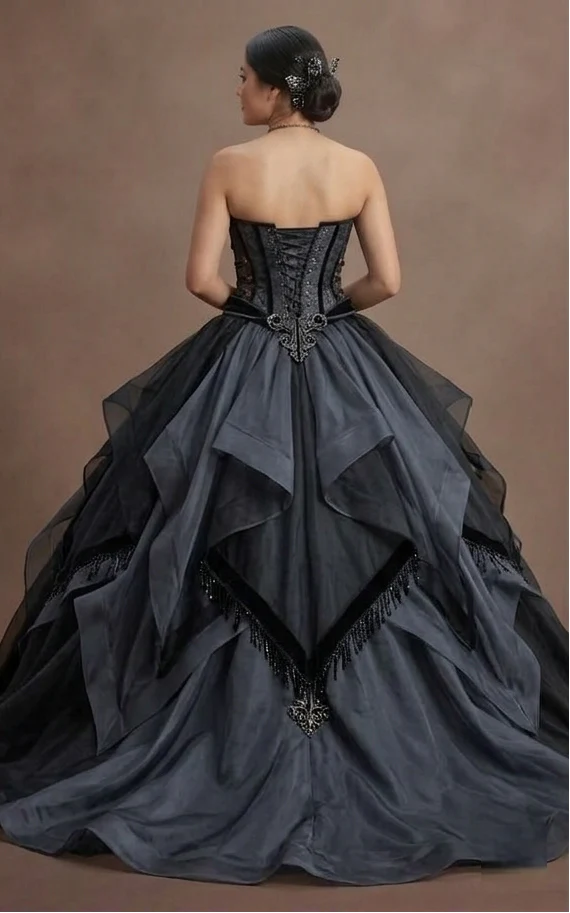 Gothic Prom Dress Black Organza Strapless Formal Prom - Image 3
