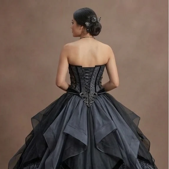 Gothic Prom Dress Black Organza Strapless Formal Prom - Image 5