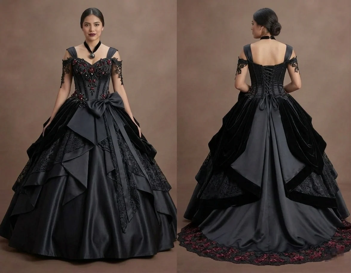 Gothic Prom Dress Black Satin Corset Dark Romance Prom