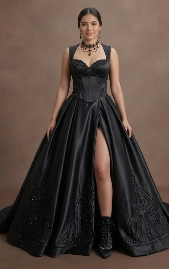 Gothic Prom Dress Black Satin High Slit Glam Prom - Image 2