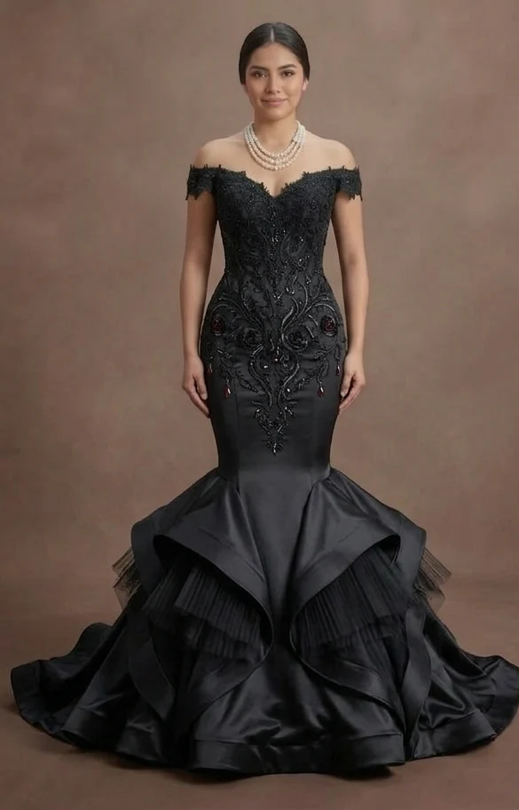 Gothic Prom Dress Black Satin Mermaid Luxury Evening - Image 2