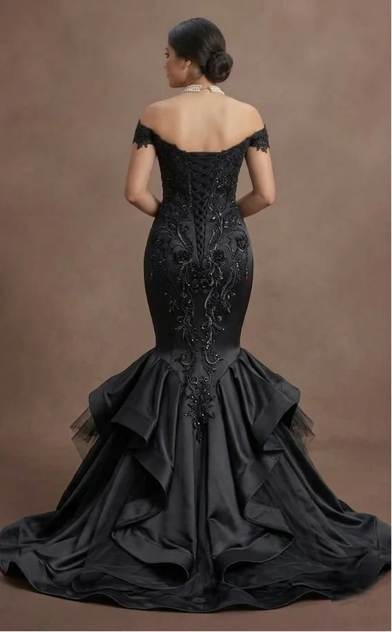 Gothic Prom Dress Black Satin Mermaid Luxury Evening - Image 3