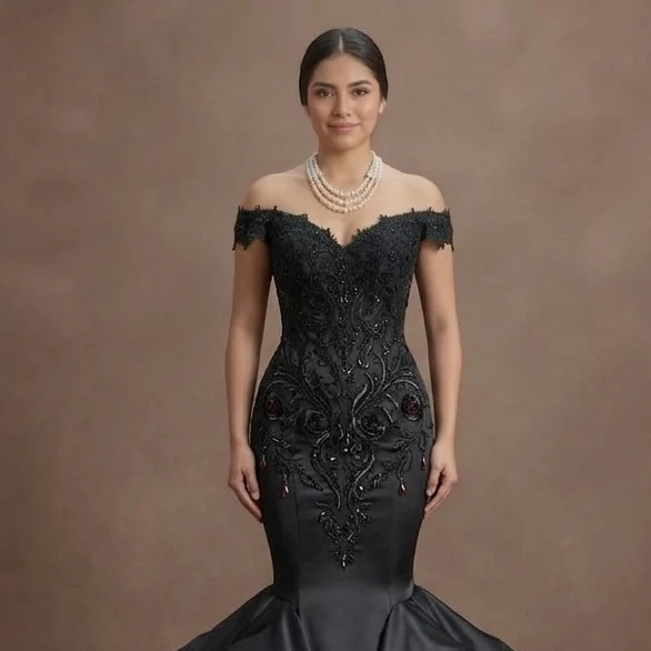 Gothic Prom Dress Black Satin Mermaid Luxury Evening - Image 4
