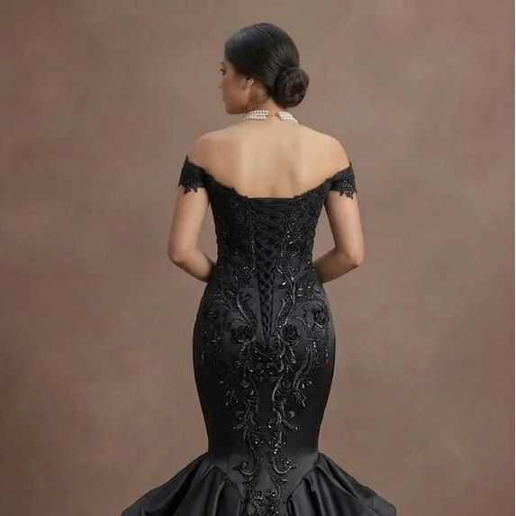 Gothic Prom Dress Black Satin Mermaid Luxury Evening - Image 5